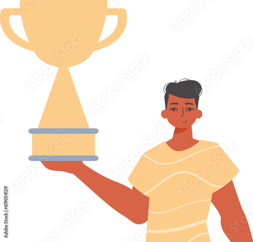 The derision holds the achiever 's cup in his template. Trendy style, Vector Illustration