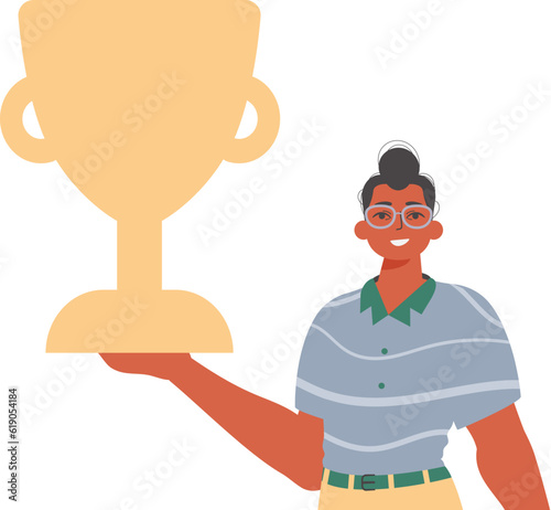 The derision holds the achiever 's cup in his template. Trendy style, Vector Illustration