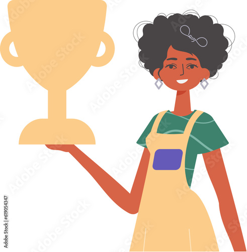 The girlfriend holds the achiever 's cup in his handwrite. Trendy style, Vector Illustration