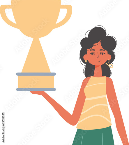 The girlfriend holds the achiever 's cup in his handwrite. Trendy style, Vector Illustration