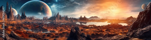 Illustration Art Fantasy Alien Planet Landscape, Generative AI © tonstock