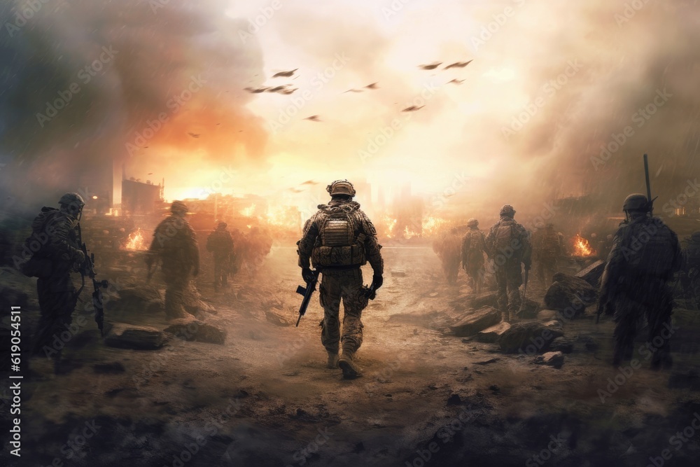 Soldiers and explosions on the battlefield, Generative AI Soldiers and explosions on the battlefield, Generative AI
