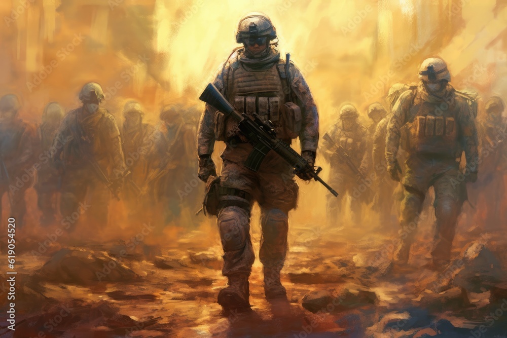 Soldiers and explosions on the battlefield, Generative AI Soldiers and explosions on the battlefield, Generative AI