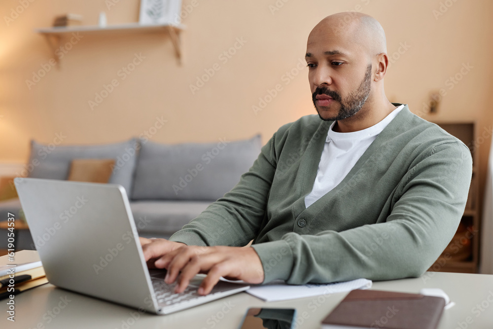 Portrait of adult black man using laptop while working from home in cozy setting, copy space Portrait of adult black man using laptop while working from home in cozy setting, copy space