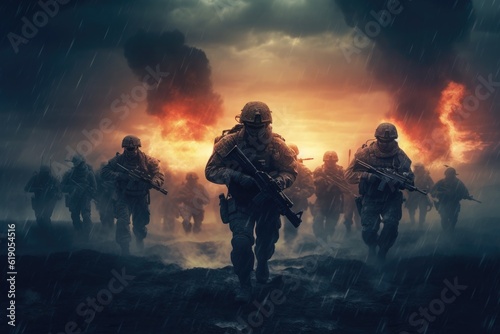 Soldiers and explosions on the battlefield, Generative AI © tonstock