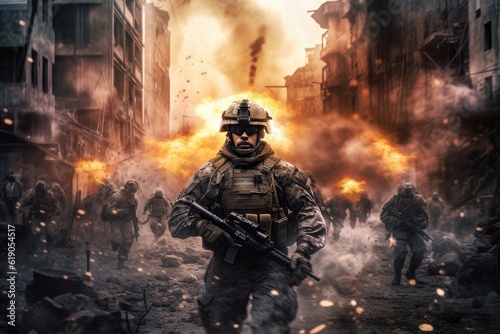 Soldiers and explosions on the battlefield, Generative AI © tonstock