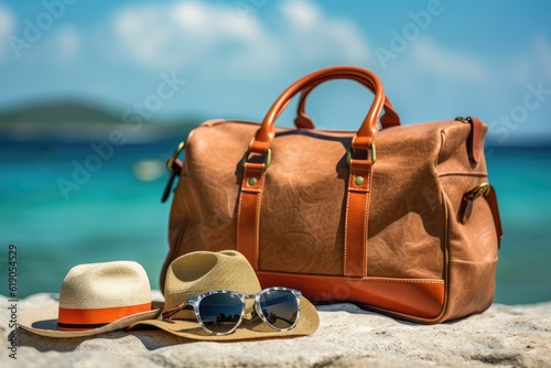 Straw hat, bag, sun glasses on a tropical beach, Generative AI