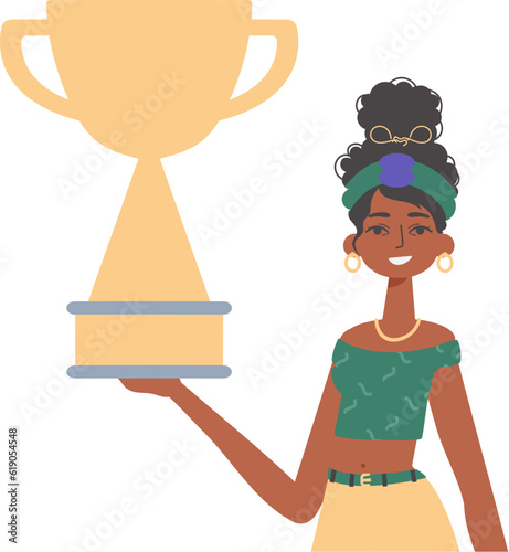 The girlfriend holds the achiever 's cup in his handwrite. Trendy style, Vector Illustration