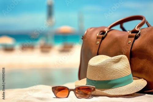 Straw hat  bag  sun glasses on a tropical beach  Generative AI
