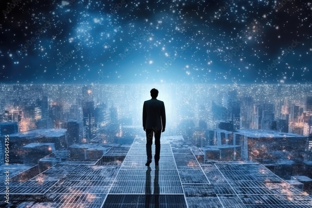 Business man walking to hi-tech city, concept for start a new job or opportunity, Generative AI Business man walking to hi-tech city, concept for start a new job or opportunity, Generative AI
