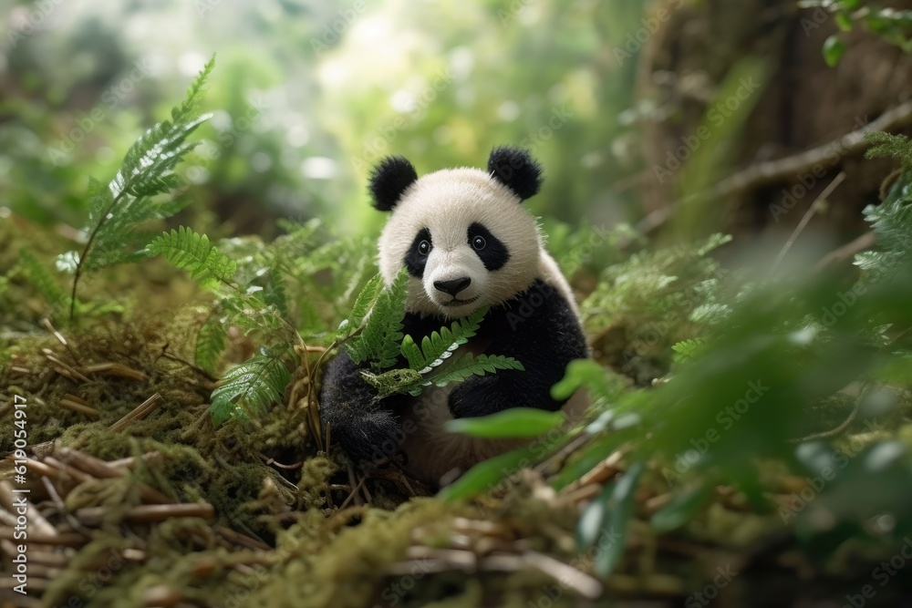 Fototapeta premium Illustration of loving and cute panda in the forest, Generative AI