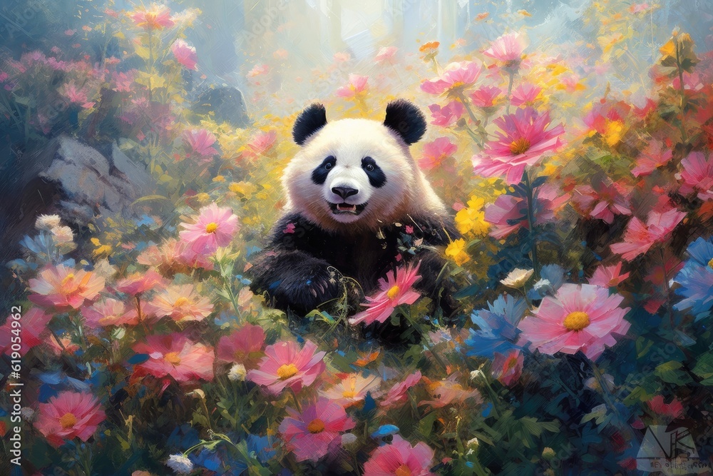 Illustration of loving and cute panda in the forest, Generative AI Illustration of loving and cute panda in the forest, Generative AI