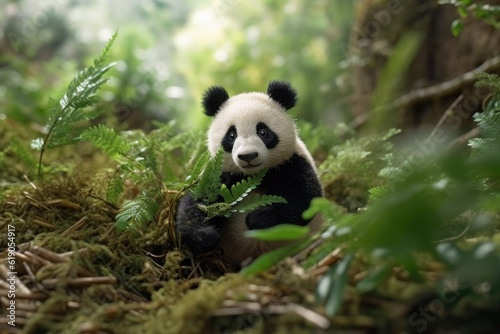 Illustration of loving and cute panda in the forest, Generative AI © tonstock
