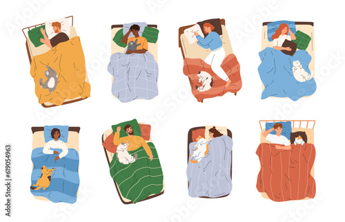 Fototapeta Cute set of people sleeping in bed with cat asleep and lying together with them