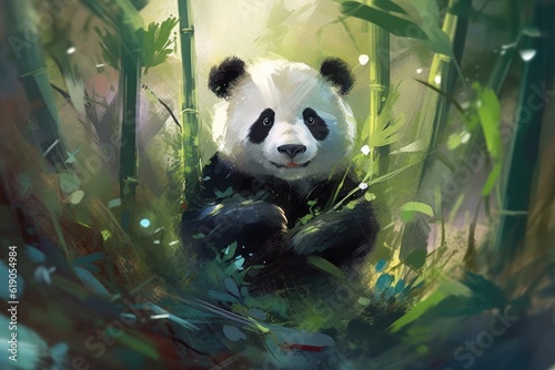 Illustration of loving and cute panda in the forest  Generative AI