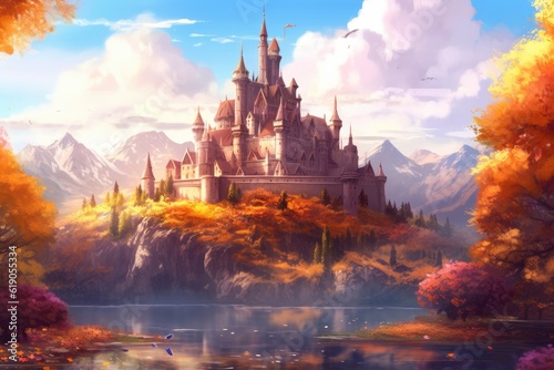 Illustration of fantasy art, fantasy world and castle , Generative AI