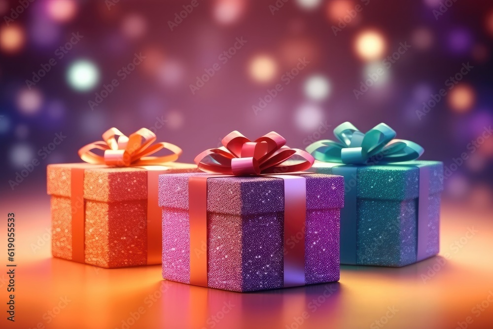 Fototapeta premium Gift box full of decorative festive object with bokeh and glitter, Generative AI