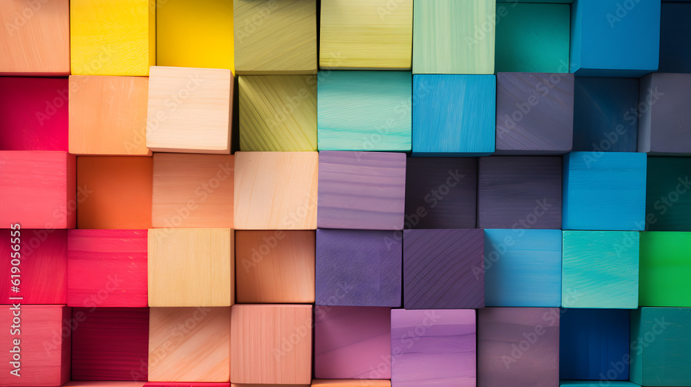 Spectrum of stacked multi-colored wooden blocks. Background or cover for something creative, diverse, expanding, rising or growing.