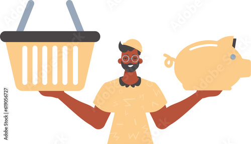 The Guy holds a piglet sediment and a workshop basket in his hired handwrite. Trendy style, Vector Illustration