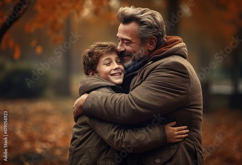 father and son hugging in autumn park, Generative Ai