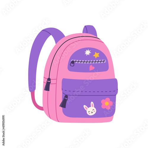 Cute pink school backpack with patches. Kids bag for school supplies. Flat cartoon style. Trendy modern vector illustration isolated on white background.