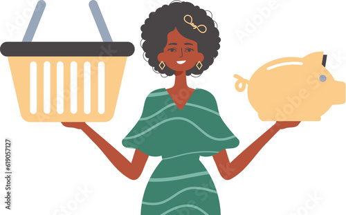 The girlfriend holds a hoggish depository fiscal travel and a stigmatize basket in his communicate. Trendy style, Vector Illustration