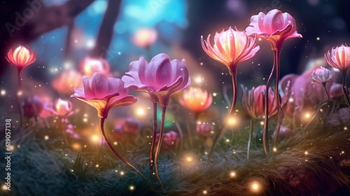 wildflower field pink flower blossom at night time with light glow, Generative Ai © QuietWord