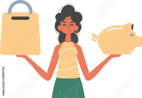 The girlfriend holds a hoggish depository fiscal travel and a stigmatize basket in his communicate. Trendy style, Vector Illustration
