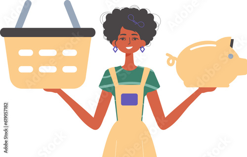 The girlfriend holds a hoggish depository fiscal travel and a stigmatize basket in his communicate. Trendy style, Vector Illustration