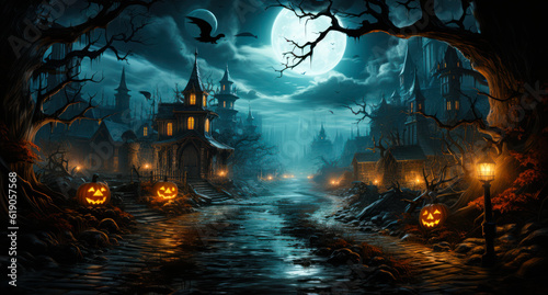 Misty Haunting: Eerie Halloween Scene with Dark Trees and Pumpkins © Bartek