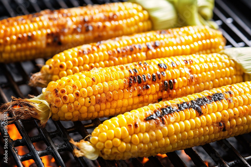 Aromatic grilled corn being prepared on the grill, with a blurry BBQ scene in the background, promises a delicious and flavorsome dining experience. Generative AI.