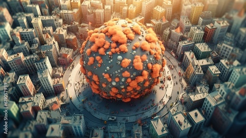 a massive orange sphere in the midst of the town photo