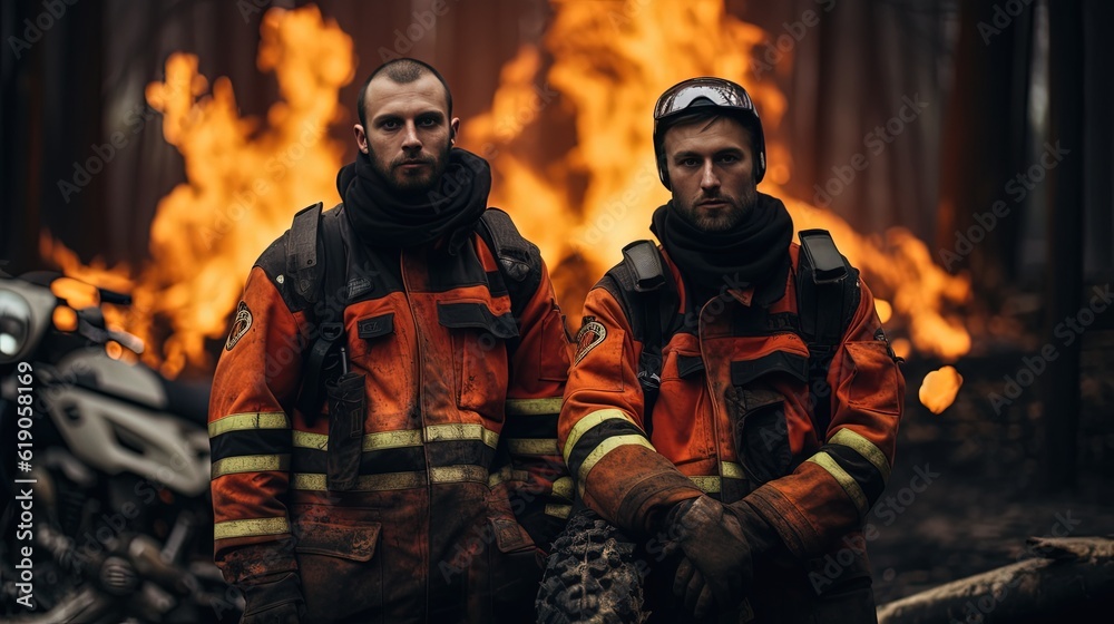 Fototapeta premium firefighter rescue team in forest with flame burning behind, Generative Ai 