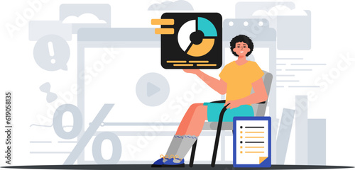 The man sits in a tame and holds a chart with statistic . digital marketplace concept. Trendy style, Vector Illustration