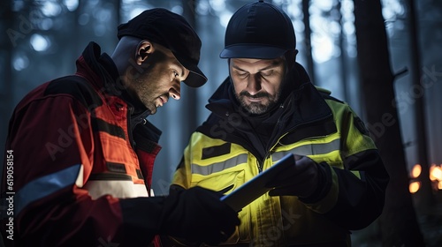 firefighter rescue team in forest planning on mission using laptop or tablet to calculate and communicate, Generative Ai 