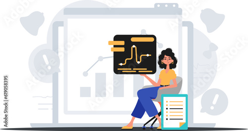 The female child sits in a chair and holds a chart with statistic . digital commercialize concept. Trendy style, Vector Illustration