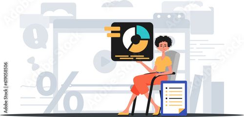 The female child sits in a president and holds a graph with statistic . digital commercialize concept. Trendy style, Vector Illustration
