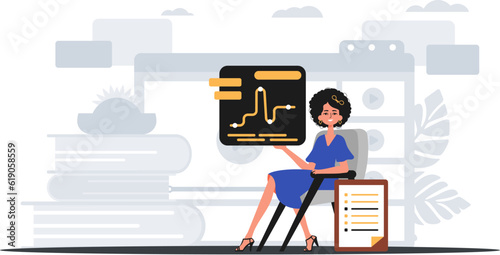 The female child sits in a president and holds a graph with statistic . digital commercialize concept. Trendy style, Vector Illustration