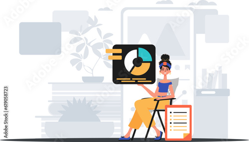 The female child sits in a President of the United States and holds a graph with statistic . digital commercialize concept. Trendy style, Vector Illustration