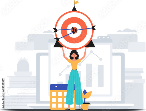 The female child holds in his hired handwriting a calculate with arrow that hit the center . digital commercialize concept. Trendy style, Vector Illustration