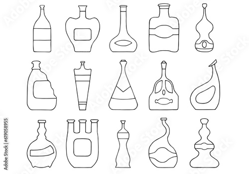 A set of bottles of various shapes and colors. Hand Drawn. Freehand drawing. Doodle. Sketch. Outline. Coloring book.