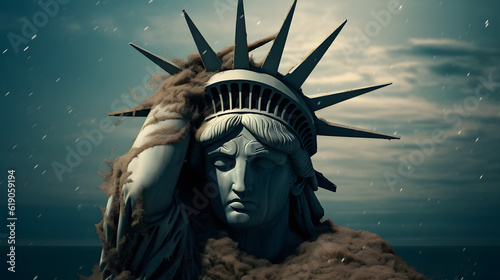 statue of liberty with head in hands, breakdown of society concept photo