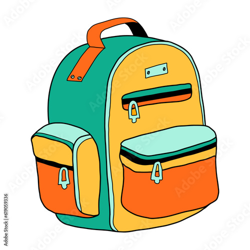 School backpack cartoon in doodle retro style. Back to school stationery bag bold bright. Classic supplies for children education or office work. Fun vector illustration isolated on white background.