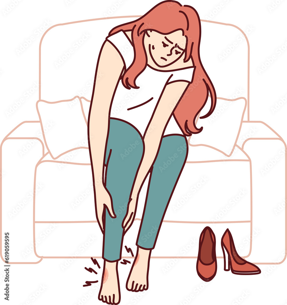 Woman suffers from pain in legs or varicose veins due to use of uncomfortable shoes with high heels Woman suffers from pain in legs or varicose veins due to use of uncomfortable shoes with high heels