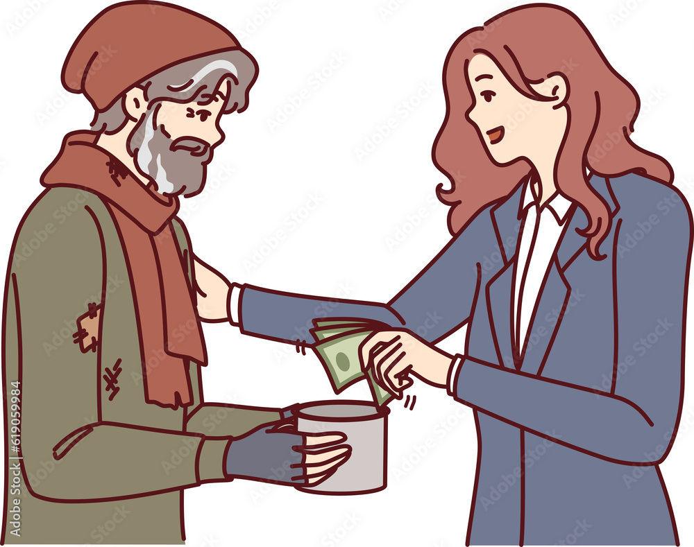 Successful woman helps beggar by giving money for food and lodging to save person Successful woman helps beggar by giving money for food and lodging to save person