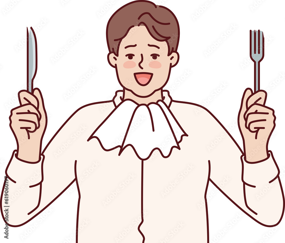 Fat man with napkin around neck holds fork and knife and prepares for hearty dinner and eating Fat man with napkin around neck holds fork and knife and prepares for hearty dinner and eating