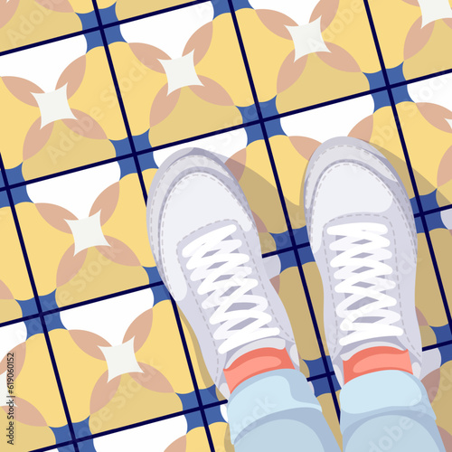 Top view of feet in casual sneakers vector illustration. Cartoon selfie with legs of person standing on floor tile, lifestyle scene of walking in sports shoes with laces on human feet of teen or adult