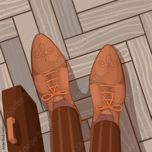 Top view of mans feet in leather shoes vector illustration. Cartoon legs of business person with briefcase, formal office outfit standing on floor tile, look down at pair of brown shoes of businessman