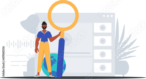 The homosexual is holding a magnifying glass in his handwrite . datum search concept. Trendy style, Vector Illustration