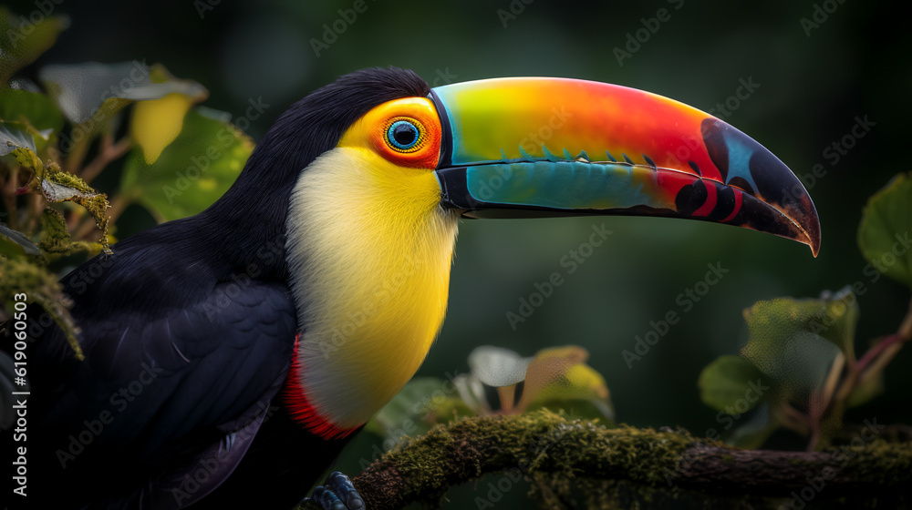 Naklejka premium Embrace the vibrant beauty of a toucan perched on a branch, showcasing its colorful feathers in all their glory.